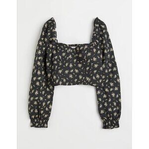 H&M Blouse Women Size Medium Black Floral Linen Smocked Puff Sleeves Ruffle Trim